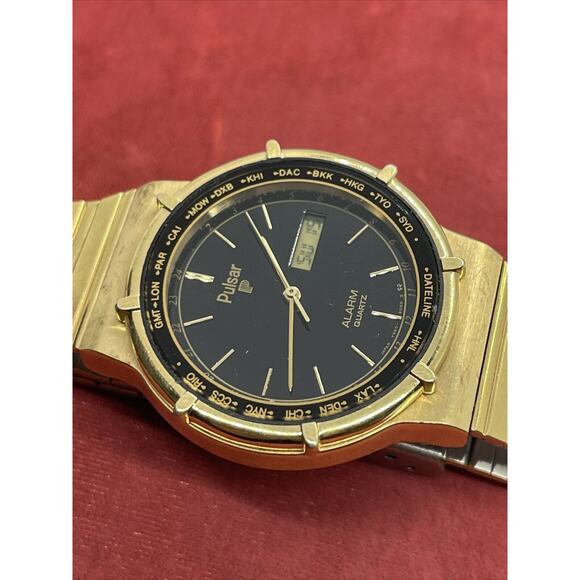 Vintage Pulsar Y960-6059 Men Rotate Bezel Analog Digital Quartz Watch Gold Tone - Picture 4 of 9